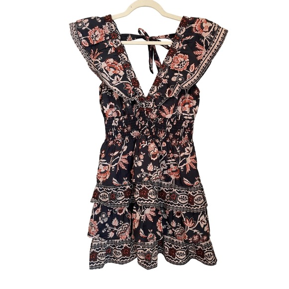 Caroline Constas Dresses & Skirts - Caroline Constas Size S Floral Cotton Smocked Tiered Mini Dress Black Rust